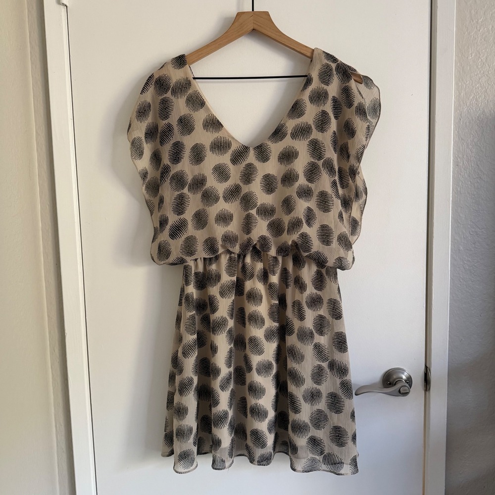 Lulus Cream Black Abstract Polka Dot Chiffon V-Neck Elastic Waist Mini Dress